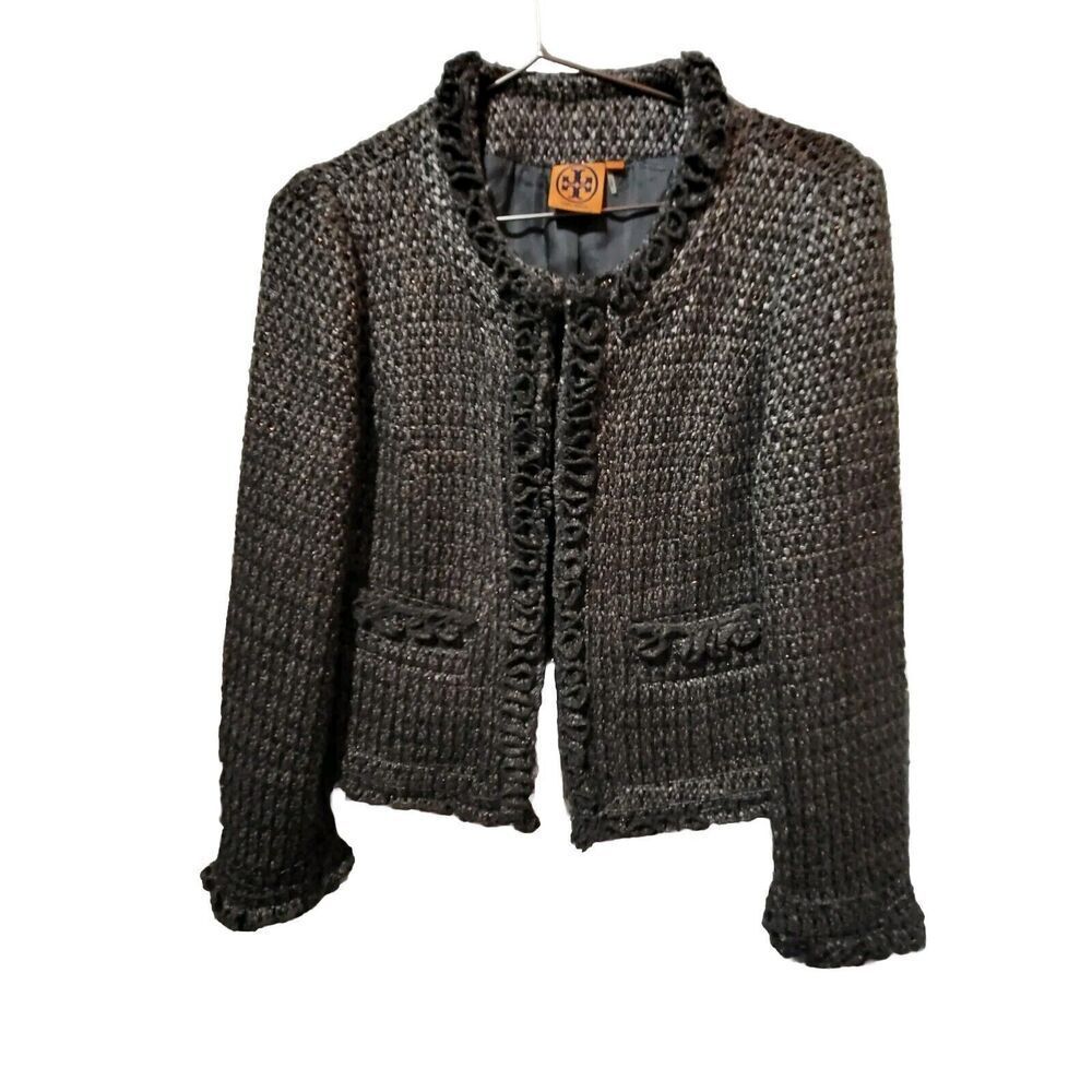 Tory Burch Retail $595 Grey Blue Tweed Pattern Fringe Trim Jacket Size 8